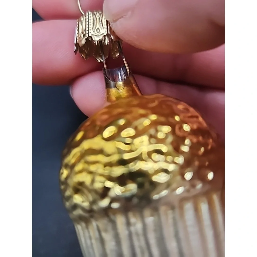 Vintage Acorn Goldtoned Textured‎ Hand Blown Glass German Christmas Ornament